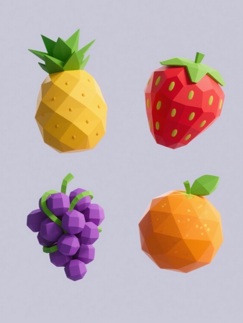 4个不同水果的3D渲染插画，风格统一为低多边形卡通风格，每个水果具有光滑的表面和明显的几何切割感，色彩鲜艳饱满，纯色背景，第一个是黄色菠萝配绿色叶子，第二个是红色草莓配绿色叶子，第三个是紫色葡萄串配绿色藤蔓，第四个是橙色橙子配绿色叶子，四个水果呈2x2网格规整排布，每个水果大小一致，间距均匀，整体画面简洁明快，具有强烈的视觉冲击力和设计感。预览效果