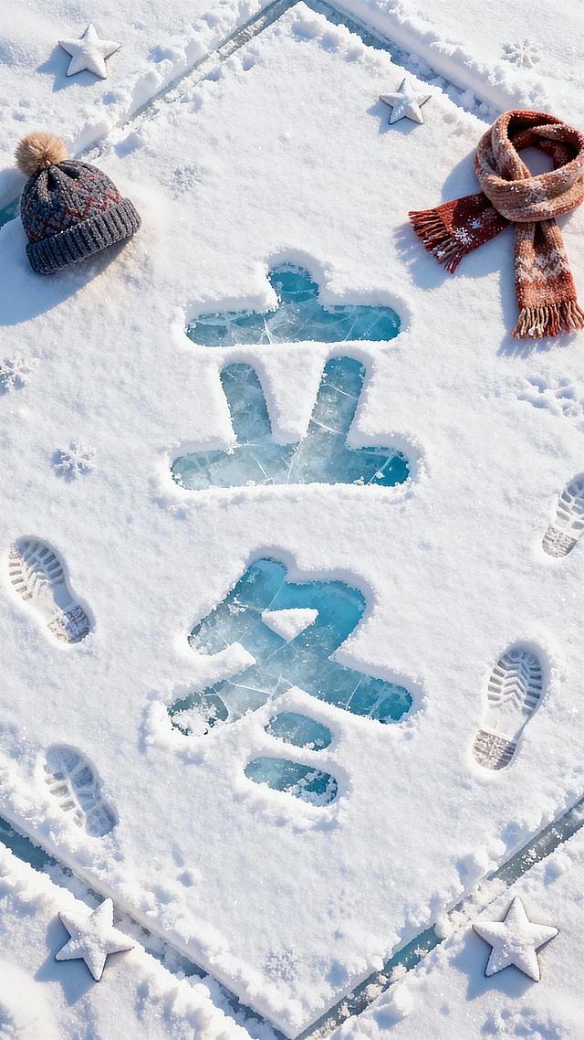 俯视视角，画面主视觉是雪地中的 “立冬”文字（字体圆润可爱），文字部分像被踩踏，露出淡蓝色冰面。雪质细腻带自然纹理，装饰帽子、围巾、足迹，搭配雪堆成的几何线条、星星元素作为边框。