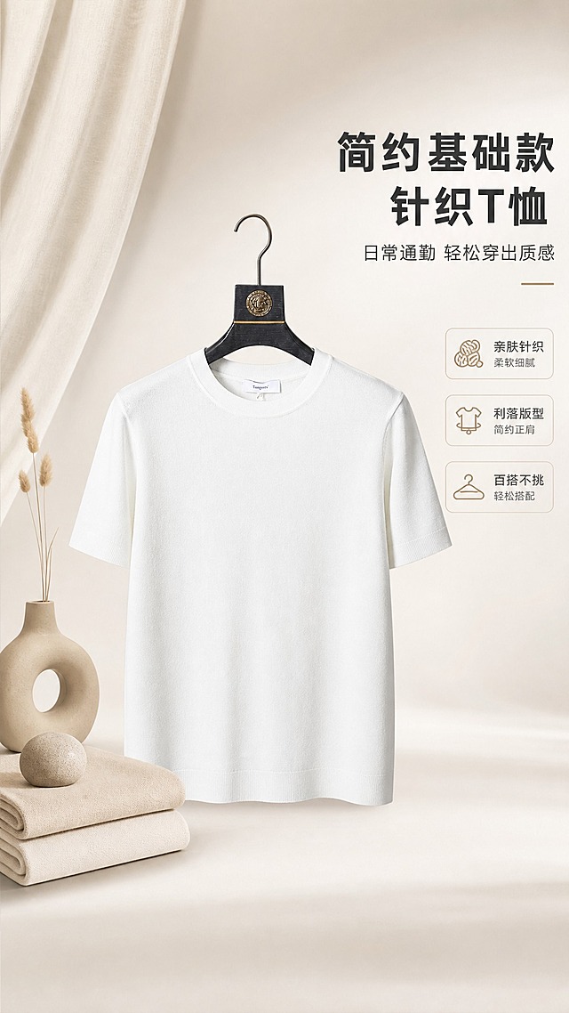 [商品] 使用【图1】白色圆领针织短袖T恤；商品处理：保留圆领、短袖、正肩版型、衣长、针织面料、颜色和领口标签；自然去除衣身杂乱褶皱与压痕，理顺垂坠，增强针织纹理、缝线和领口质感，不改变版型和结构。
[画面] 目标为风格头图海报，突出简约高级通勤感；居中偏上展示T恤全貌，产品占画面约55%；背景为柔和米白渐变影棚场景，左侧加入同色系折叠布料与极简装饰道具，右侧留白放文案；前中后景层次分明，有柔和投影承托。
[视觉] 套系策略：风格=极简高级商业影棚风；标题字=现代无衬线粗体；正文字=简洁无衬线体；主色=米白；背景延展=基于米白做深浅层级、同色渐变和细腻纸张/织物质感；强调色=浅奶茶棕，仅用于小面积图标、引线和标签；标题色=深炭灰；正文色=中暖灰；组件=圆角浅底信息卡、细线引线；光影=左前侧暖柔光。
[文字] 右上区域主标题「简约基础款针织T恤」，副标题「日常通勤 轻松穿出质感」，下方3个短卖点：亲肤针织、利落版型、百搭不挑；文字横排，层级清晰，不遮挡T恤主体与领口。
[规格] 单屏比例9:16竖版，分辨率2K，避免变形、错字、文字过小、冷蓝/蓝灰背景、衣服颜色改变、版型失真、白底孤立单品。
