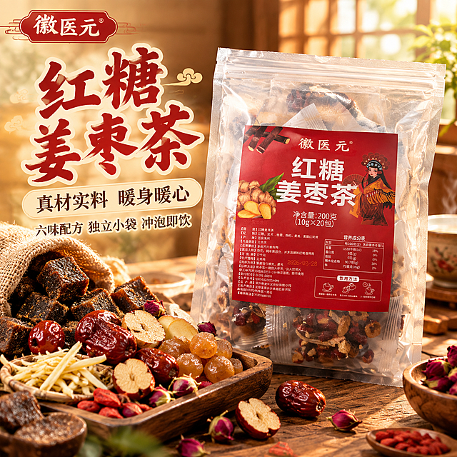 [主图-1] 红糖姜枣茶首图 突出食欲感与真材实料 快手高点击风格
[统一基调] 暖调中式养生风 背景主色暖棕木色+暖阳黄光 标题字色朱红配米白描边 辅助字色深棕 强调色金黄 字体用粗厚国风书法体+清爽黑体辅助 卡片用半透明米黄圆角底 整体温暖接地气有烟火气
[画面] 画面右侧主体是一袋透明包装的红糖姜枣茶 包装正面红色标签清晰可见徽医元品牌与红糖姜枣茶字样 袋内可见独立小包装 产品占画面约60% 略倾斜摆放有立体感 左侧前景散落倒出的真实食材 黑糖块 红枣片 桂圆肉 枸杞 姜丝 干玫瑰 颗粒饱满色泽鲜亮 背景是温馨中式木质桌面 窗边自然光斜射 有轻微热气升腾感 营造暖身养生氛围
[光影质感] 自然暖阳逆光 食物通透有光泽 红糖块有油亮质感 红枣桂圆饱满水润 姜丝干爽纹理清晰 包装有真实塑料质感与接触阴影 商业美食摄影质感
[配色] 暖棕 朱红 金黄 米白为主 背景木色暖调 食材本色鲜艳 标题朱红醒目
[文字版式] 左上角放同款品牌小Logo 左侧上方大标题竖排或横排 红糖姜枣茶 字体厚重国风书法 朱红色配米白描边 主标题下方副标题 真材实料 暖身暖心 深棕色黑体 再下方小字 六味配方 独立小袋 冲泡即饮 文字不遮挡产品主体 放在左侧负空间
[输出要求] 1:1正方形 文字清晰可读 产品清晰不变形 食材真实 禁止错字 禁止杂乱背景 禁止水印 禁止平台Logo 禁止夸张医疗功效表述