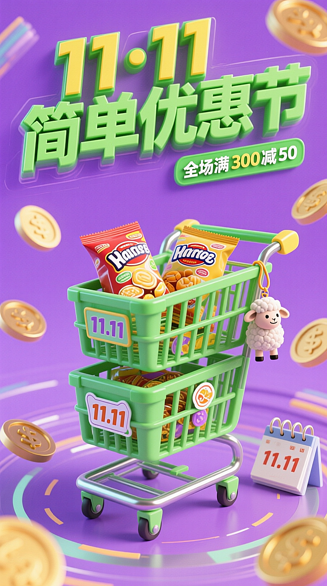 3D 主标题 “11・11 简单优惠节” 顶置，绿黄立体字体带阴影；副标 “全场满 300 减 50” 用绿色小字附右侧。中心是 3 层堆叠的 3D 购物车（顶层露零食包装，底层贴 “11.11” 贴纸），四周绕旋转金币、迷你日历（显 11.11）、小羊挂件（挂购物车把手上）。高饱和绿紫配色，背景淡紫底，元素错落有活力。