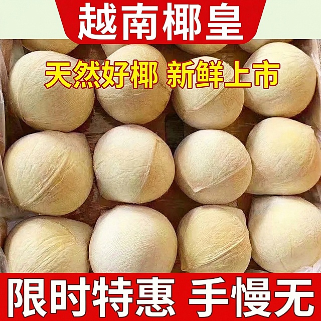 我是在拼多多卖越南椰皇的 帮我做10张主图 要求和图二格式一样 泰国牛奶椰皇换成越南椰皇 其他文字可写 天然好椰 新鲜上市 限时特惠 手慢无 椰香浓郁 清甜润口 主标题用红色/黄色等高饱和字体，背景选浅色系，形成强烈视觉对比。