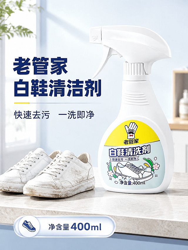 [第1屏] 详情页头图-老管家白鞋清洁剂商品宣传海报。本屏使用【图1】作为商品主体。
[氛围/风格] 清爽家居风，明亮干净，商业摄影质感，突出清洁产品的洁净特性。
[元素布局] 白鞋清洁剂产品主体放置在画面偏右上位置，占比约65%；左侧留出标题区域，下方搭配浅灰色玄关台面，台面点缀一双待清洁的白鞋作为装饰；商品瓶身结构、颜色、包装文字与输入产品图保持一致。
[光影质感] 左前方柔和主光，右后方补光，瓶身保留清晰高光，底部自然投影，整体画面通透干净。
[配色色系] 全局底色 #F5F9FC，主色为浅蓝+鹅黄，辅助色为米灰台面、深蓝色标题文字。
[视角构图] 正面微斜视角，产品为视觉中心，阅读动线从上至下，左侧标题 → 右上产品 → 底部场景。
[文字版式] 版式为左侧标题 + 右上产品 + 底部场景点缀。主标题「老管家 白鞋清洁剂」，副标题「快速去污 一洗即净」，加粗黑体字左对齐；底部信息栏标注「净含量400ml」，文字简洁不遮挡产品主体。
[比例分辨率] 3:4 竖版比例，4K 分辨率，文字清晰可辨，高清画质。
[负向提示词] 瓶身变形，缺件错件，颜色偏差，包装文字错乱，水印，文字过小，背景杂乱