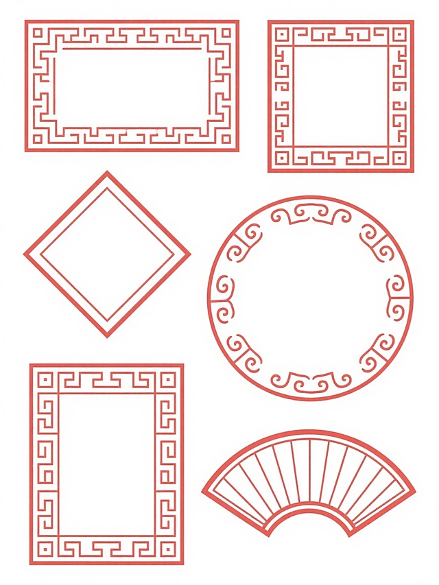 一系列中国传统风格边框图案，以红色细线勾勒，包含多种形状：长方形、正方形、菱形、圆形、扇形。边框装饰有回纹、如意纹等传统吉祥纹样，线条细腻流畅，图案对称工整。所有边框均为纯色线条勾勒，无填充，背景为纯白色。整体呈现简洁典雅的中式设计风格，具有浓厚的传统文化韵味和装饰美感。