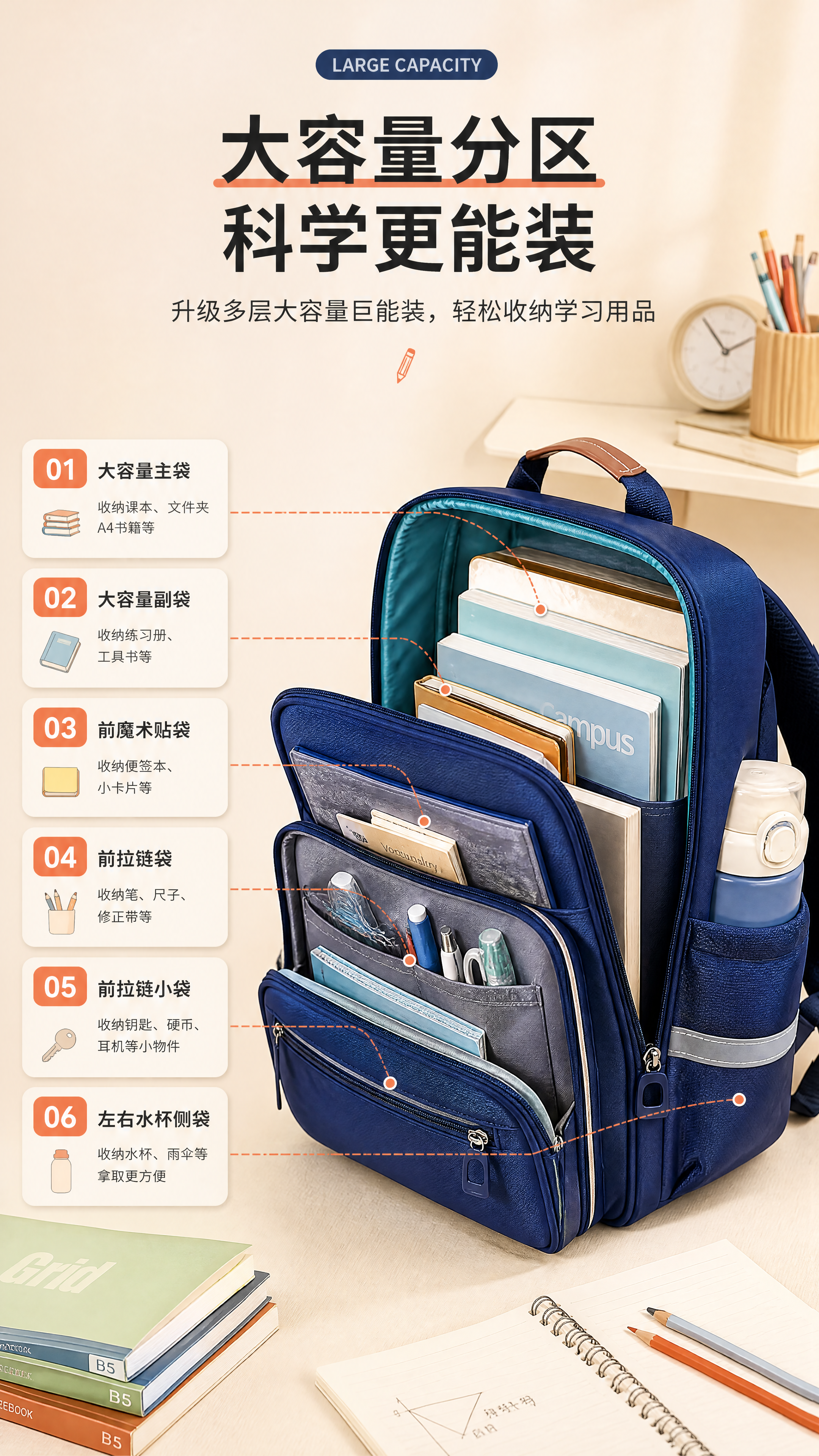 [商品] 使用【图5】宝蓝色小学生书包开合状态；保留大容量主袋… - 图片创意预览
