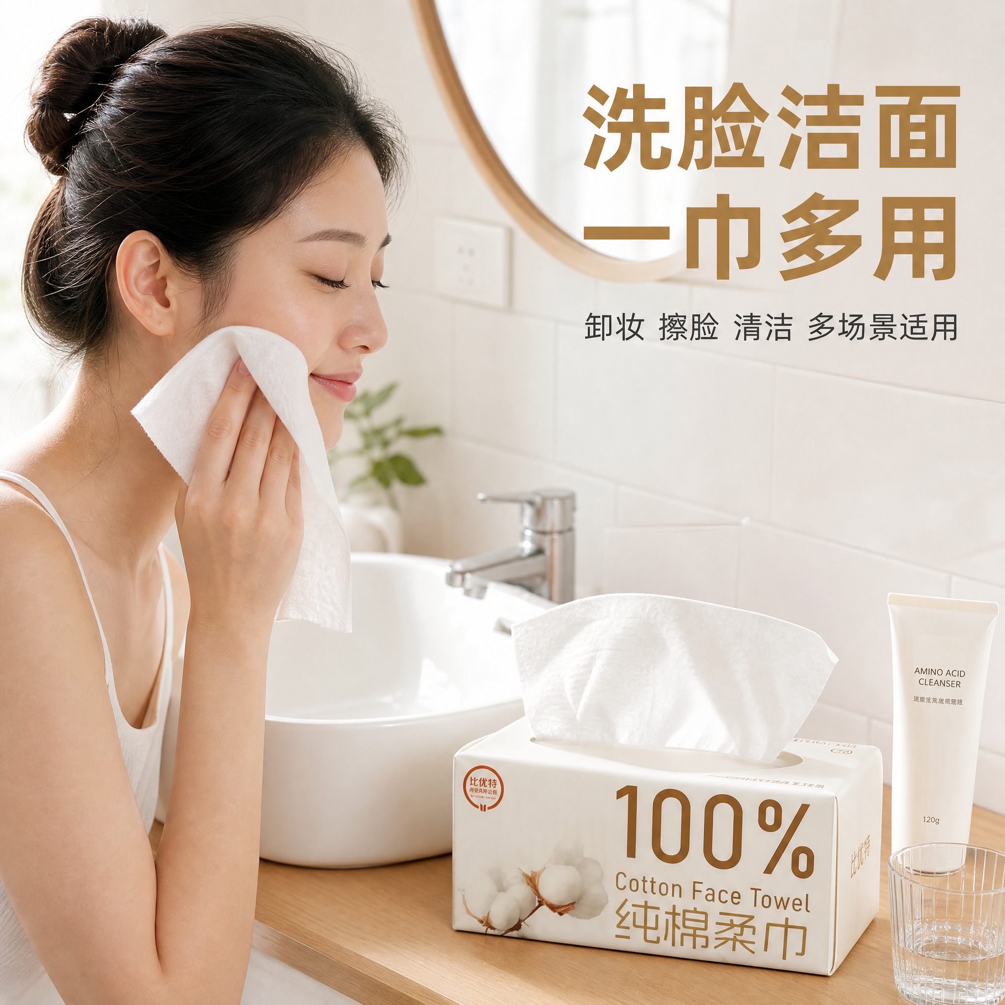 [主图-3] 纯棉柔巾真实使用场景图，展示洗脸洁面的使用方式，… - 图片创意预览