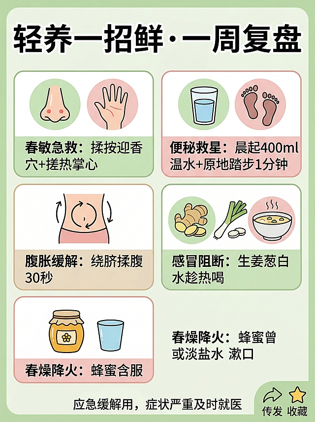 公众号总结图片，扁平化手绘科普风格，采用清新春日配色，包含淡绿色、浅粉色和米白色。画面使用网格布局，分为五个圆角卡片区块，每个区块对应一个换季急救妙招：
1. 第一个卡片图标是鼻子和手掌，文字标注“春敏急救：揉按迎香穴+搓热掌心”
2. 第二个卡片图标是水杯和脚印，文字标注“便秘救星：晨起400ml温水+原地踏步1分钟”
3. 第三个卡片图标是肚子和顺时针箭头，文字标注“腹胀缓解：绕脐揉腹30秒”
4. 第四个卡片图标是姜片葱白和汤碗，文字标注“感冒阻断：生姜葱白水趁热喝”
5. 第五个卡片图标是蜂蜜罐和漱口杯，文字标注“春燥降火：蜂蜜含服或淡盐水漱口”
画面顶部有大标题“轻养一招鲜·一周复盘”，底部有温馨提示文字“应急缓解用，症状严重及时就医”，右下角有一个转发收藏图标。整体风格简洁治愈，信息清晰易读，所有文字均使用中文。