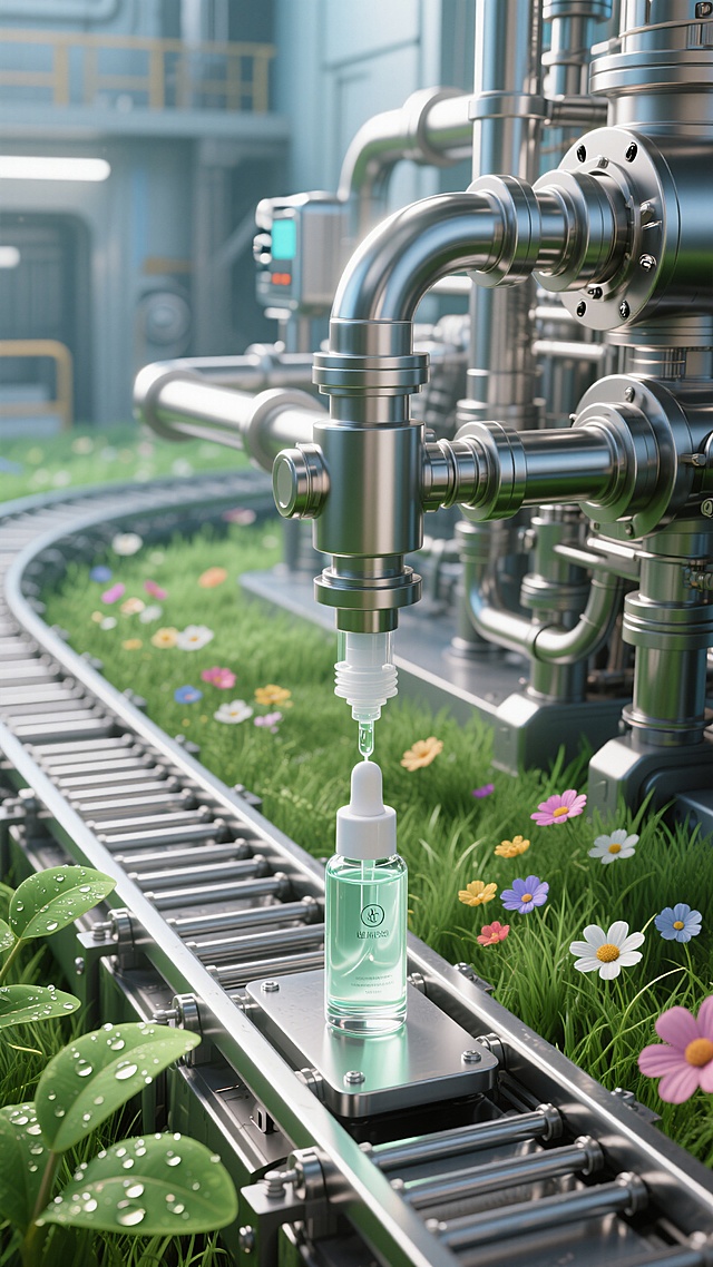 化妆品实验室灌注环节的机器特写，机器下是一条工业化生产流水线，一瓶精华正在被灌装；周围长出茂密的青草地和生机勃勃的小花