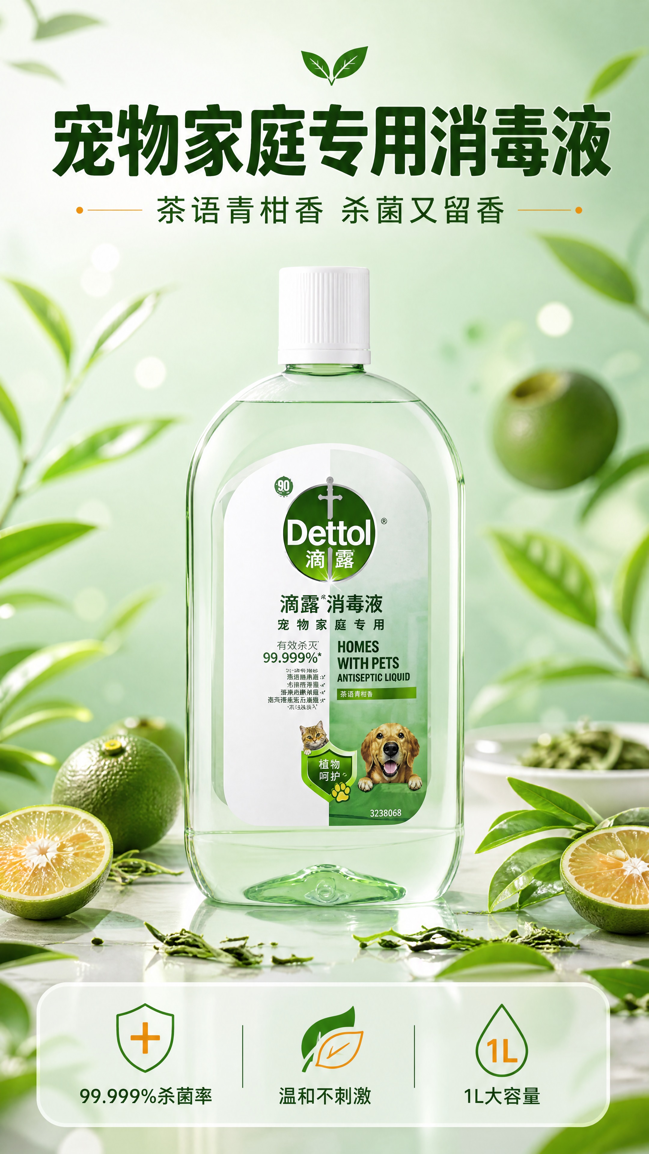 [商品] 使用【图1】滴露宠物消毒液1L装茶语青柑香透明绿瓶；… - 图片创意预览