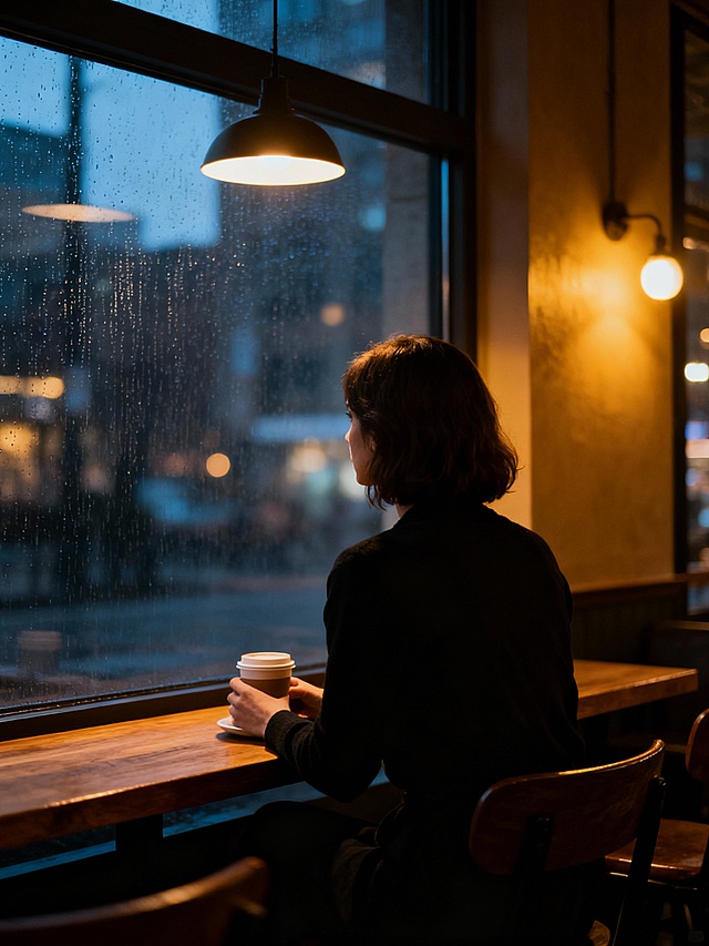 主体：一个女性背影坐在咖啡馆窗边，手拿咖啡杯，看向窗外
背景：模糊的城市夜景或雨天窗户（营造孤独感）