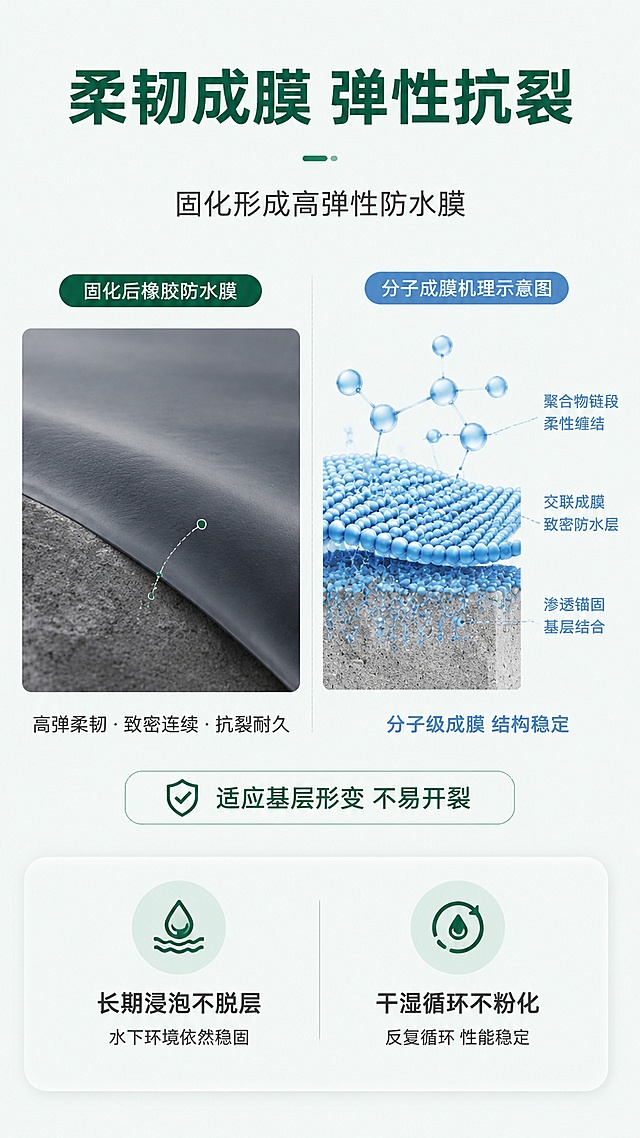 [第2屏] 核心卖点页-(高柔韧型)HB聚合物水泥防水涂料柔韧成膜卖点。本屏不使用产品图，为功能解析屏。
[氛围/风格] 专业功能解析页，简约现代科技质感，清晰易懂。
[元素布局] 顶部主标题，中部左侧为固化后橡胶防水膜宏观效果图，右侧为分子成膜机理示意图，底部圆角信息卡展示核心利益点，整体层次分明，留白适中。
[光影质感] 均匀柔光照明，图形与文字清晰，无强烈明暗对比。
[配色色系] 全局底色 #F0F5F0，主色深绿专业标题，辅助色浅蓝机理示意图，深灰色正文。
[视角构图] 整屏从上到下排版，符合移动端竖屏阅读顺序，信息层级清晰。
[文字版式] 顶部主标题「柔韧成膜 弹性抗裂」，副标题「固化形成高弹性防水膜」，中部示意图旁标注「适应基层形变 不易开裂」，底部信息卡总结「长期浸泡不脱层  干湿循环不粉化」，文字清晰不拥挤。
[比例分辨率] 9:16 竖版比例，4K 分辨率，文字清晰可辨，高清画质。
[负向提示词] 文字错乱，文字过小，背景杂乱，构图混乱，虚假夸大宣传。