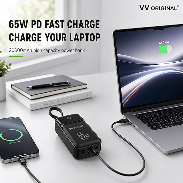 [主图-2] 65W 20000mAh power bank daily using scenario image. Place the black power bank on a modern minimalist office desk, with a laptop and smartphone next to it, showing the fast charging scene. Based on the original product, keep the product appearance consistent, replace the logo with VV ORIGINAL® on the product, the VV ORIGINAL® logo with trademark symbol in the upper right corner. All text is English, no Chinese. The picture shows the core卖点 as "65W PD FAST CHARGE" "CHARGE YOUR LAPTOP". The atmosphere is tech sense, clean and professional, natural light, soft shadow, product clear. 1:1 square, commercial photography, 2K resolution. Negative prompt: deformation, watermark, text confusion, Chinese characters.