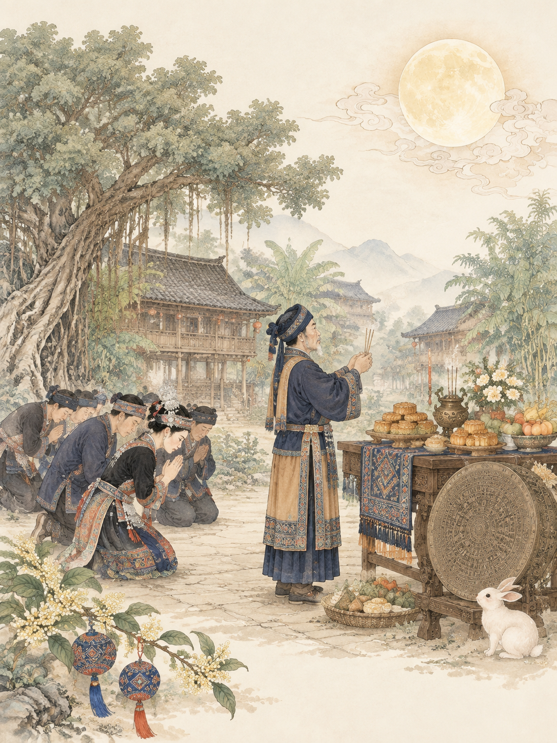 参考右侧工笔淡彩风格，将画面改为壮族中秋祭月场景，去除所有文字… - 图片创意预览