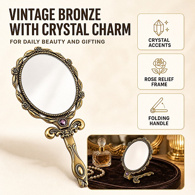 [主图-2] 商品名称「Vintage Bronze Handheld Makeup Mirror — Ornate Crystal Accented Round Vanity Mirror with Folding Handle for Daily Beauty and Gifting」。本张唯一任务：核心购买结论——复古古铜雕花与水晶点缀的颜值质感，日常美妆与送礼都拿得出手。
[统一基调] 复古华丽的个护礼品信息图视觉：纯净白到柔光象牙米白背景（#FFFFFF→#F7F1E8），古铜金色产品配深棕标题（#4A3722）、暖灰褐辅助文字（#7A6A58）与古铜金强调（#B08B52）；单一几何无衬线粗体，仅以字号层级区分主副；卡片统一 16px 圆角暖白卡（#FFFDFA）+ 1px 浅金描边，图标统一 2px 线性描边；左上柔光、右侧暖金反光，铜质浮雕高光细腻，右下自然接触阴影。
[画面] 采用「产品主视觉 + 图标卡 + 真实语境小窗」骨架。左侧：古铜色手持化妆镜以 30° 斜侧视角展开手持态放大展示，圆形雕花镜框的玫瑰叶纹浮雕、连接处的深紫色宝石、手柄端头的水晶点缀都清晰可见；右侧自上而下三张 16px 圆角暖白卡，每卡一个 2px 古铜金线性图标 + 英文短标签；画面下缘一条圆角小窗作为语境组件：暖光梳妆台弱场景，一块深色丝绒垫上立着这面镜子，旁边有香水瓶与珍珠项链（无人、无手）。
[光影质感] 商业摄影质感，左上柔光融合右侧暖金反光，金属浮雕层次分明，镜面只映出柔和浅白光影，不出现人物或房间倒影，接触处有自然阴影。
[配色] 沿用统一基调；下缘小窗允许暖黄灯光作为环境色，但不改变整页浅暖主色。
[文字版式] 主标题置左上两行，深棕粗体大字 "VINTAGE BRONZE WITH CRYSTAL CHARM"；其下一行暖灰褐小字副标题 "FOR DAILY BEAUTY AND GIFTING"；三张卡标签为深棕小号粗体 "CRYSTAL ACCENTS"、"ROSE RELIEF FRAME"、"FOLDING HANDLE"；全图仅英文文案，禁止中文、错字。
[输出要求] 1:1 正方形；文字清晰不遮挡主体；负向：任何中文、尺寸数字、放大倍数、材质成分、认证字样、Best/No.1 等绝对化词、水印、平台 Logo、品牌标志、变形、模糊、杂乱、手指与人体。