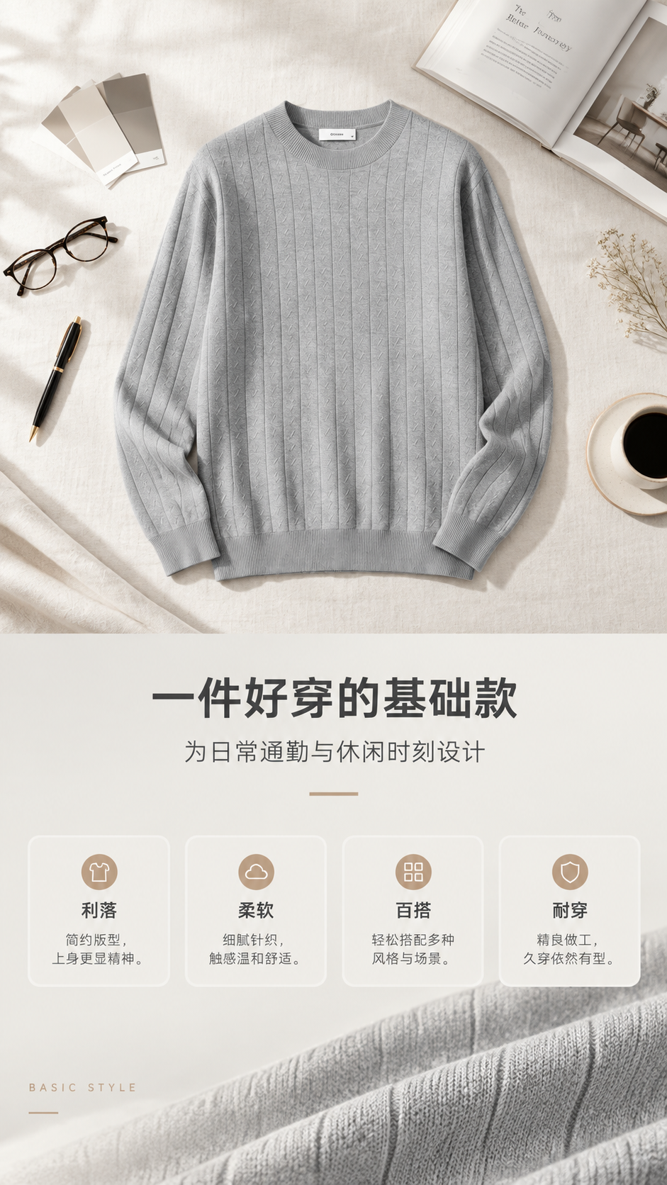[商品] 使用【图1】浅灰色竖纹圆领针织衫；保留圆领、竖条坑纹… - 图片创意预览