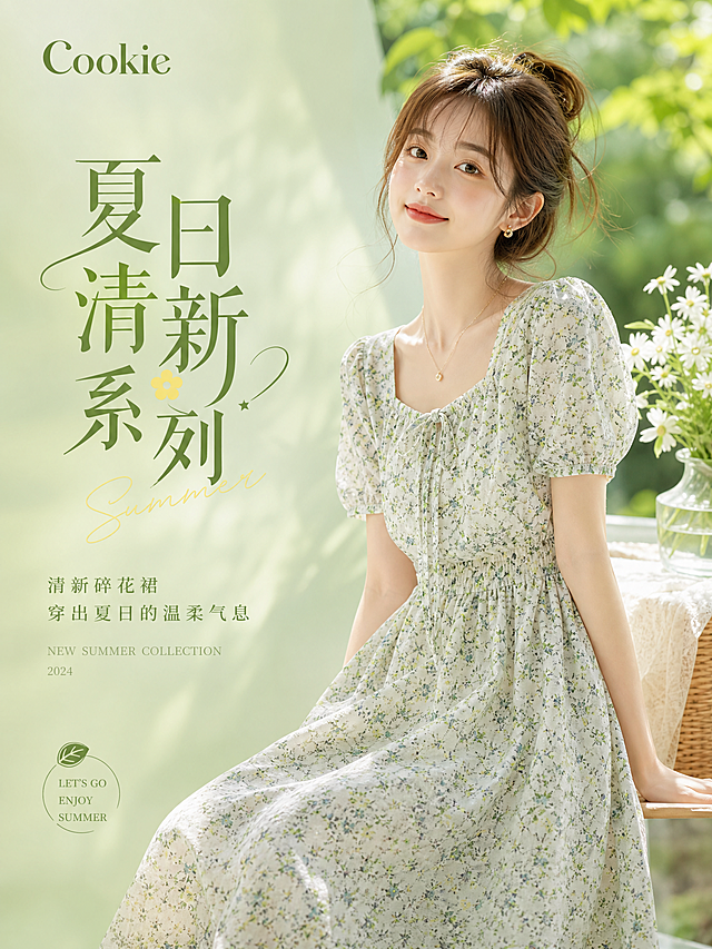Cookie女装夏季穿搭单图海报，日系清新风格，绿色背景，搭配碎花连衣裙，文字"夏日清新系列"，整体协调适合手机店铺展示