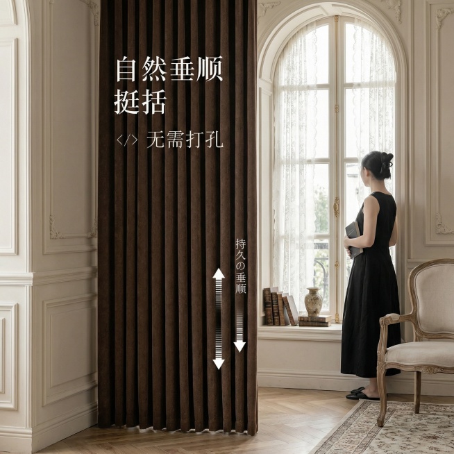 不改变窗帘的面料材质，切换不同的家装场景（最好是轻法式，欧式，复古风），改变角度，保留文字，一次生成4张；预览效果