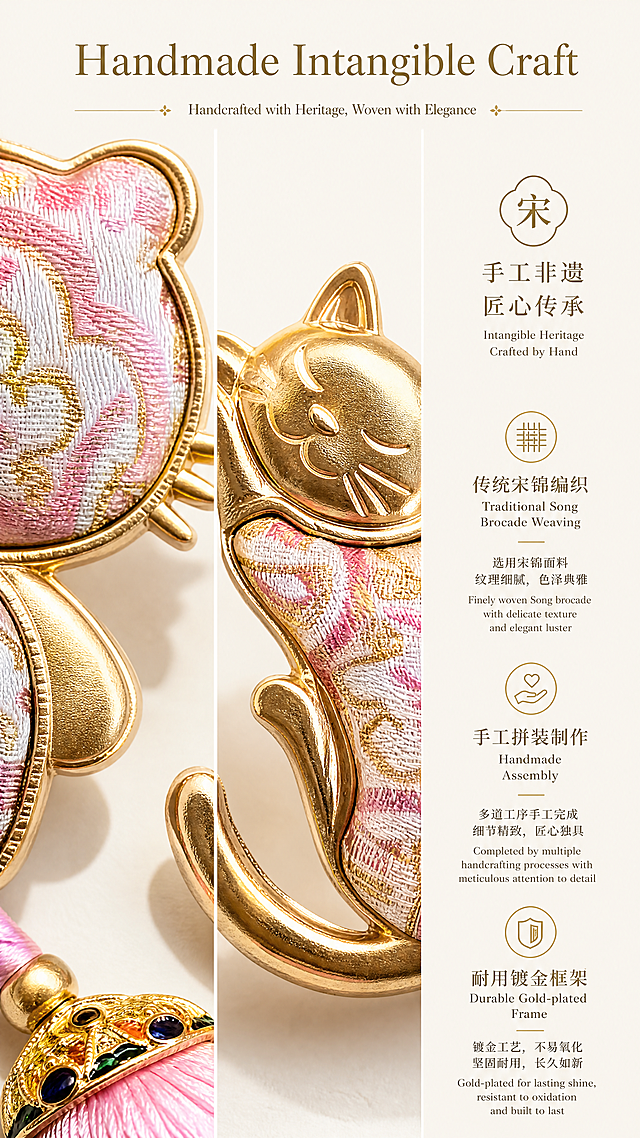 [第3屏] 详情页 third screen - Intangible Heritage Craft Detail Display of Song Brocade.
[氛围/风格] Close-up texture style, highlight handicraft charm, soft natural light, professional product macro photography.
[元素布局] Use [image1] to enlarge the partial details of the product: the left side is a macro close-up of the song brocade pattern on the cat brooch, showing the clear weaving texture; The middle is the close-up of the gold metal frame, highlighting the smooth metal lines; The right side is a introduction area for craft features. Keep the product detail color and texture consistent with the original image. All three parts reasonably divide the screen, the product details account for 70% of the area, do not crowd each other.
[光影质感] Side light enhances the texture of the fabric and the metallic luster, the texture projection is obvious, the details are clearly visible.
[配色色系] Global background color: #F9F6F0 (light beige), the product retains pink gold texture, contrast clear.
[视角构图] Macro direct view, the composition left detail middle detail right text, clear level, focus on texture display.
[文字版式] Top title: "Handmade Intangible Craft", right side three core selling points bilingual: 1. "Traditional Song Brocade Weaving", 2. "Handmade Assembly", 3. "Durable Gold-plated Frame", clear hierarchy, text does not block the key details.
[比例分辨率] 9:16 vertical ratio, 4K resolution, text clear.
[负向提示词] Texture blur, out of focus, product deformation, color deviation, text confusion, messy background.