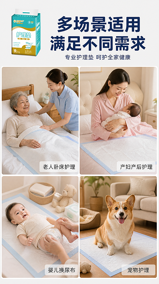 [第5屏] 多场景适用展示-不同人群使用场景拼贴。本屏使用【图1】品牌识别。
[氛围/风格] 生活场景展示风格，温暖真实，多元场景拼接，温馨舒适质感。
[元素布局] 画面采用2x2四宫格布局，展示四个核心适用场景：1）老人卧床护理、2）产妇产后护理、3）婴儿换尿布、4）宠物护理。每个场景小图都融合护理垫使用，真实自然。顶部主标题区域，【图1】品牌包装小图放在左上角品牌展示。
[光影质感] 每个场景光线自然柔和，符合真实生活环境，不同场景光影统一，拼接边缘干净不杂乱。
[配色色系] 全局底色：#F5F5F5（浅灰）；每个场景保持真实环境色调，整体偏温暖柔和色系，四宫格分割线为白色细线。
[视角构图] 四宫格均衡构图，每个场景都是完整生活片段，视角符合日常观察，主体突出，背景不过于杂乱。
[文字版式] 顶部主标题「多场景适用 满足不同需求」深蓝色粗体居中。每个场景小图右下角标注场景名称，白色半透明底深色文字，每个场景名称控制在6字以内，清晰不遮挡主体。
[比例分辨率] 9:16竖版比例，4K分辨率，文字清晰可辨，超高清。
[负向提示词] 场景杂乱，人物怪异，文字遮挡主体，颜色失真，水印，文字错乱，产品变形。