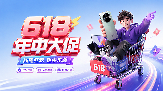 3D风格618数码行业KV海报，左右结构，左侧放置文字主题"618年中大促"，右侧人物动感姿势坐在购物车中，人物手中拿着华为Mate 80手机，简约背景
