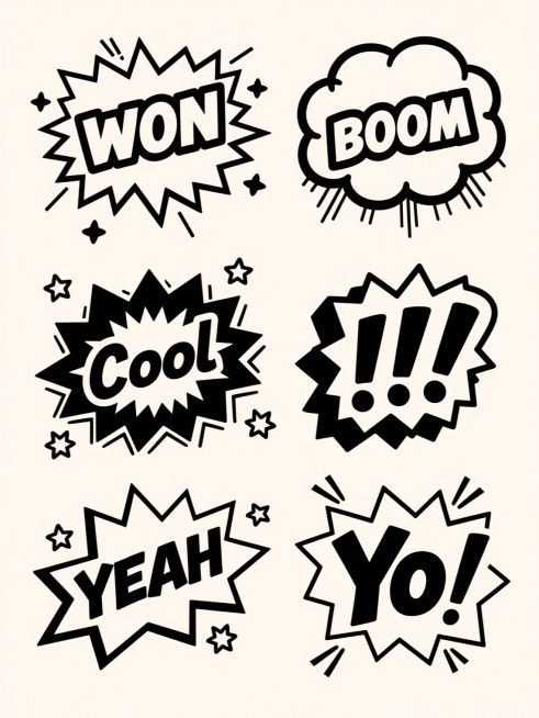 六个不同样式的漫画爆炸框素材，采用黑白对比强烈的美式漫画风格，线条粗犷有力，边缘带有锯齿状、放射状或云状等多样化的爆炸纹理，内部分别包含"WON"、"BOOM"、"Cool"、"!!!"、"YEAH"、"Yo"等英文感叹词，字体为粗体无衬线，带有手写感和动态倾斜效果，部分文字有阴影和高光处理增强立体感，爆炸框周围点缀着小星星、短线等漫画式装饰元素，整体排列为上下两行各三个对齐分布，背景为纯白色……预览效果