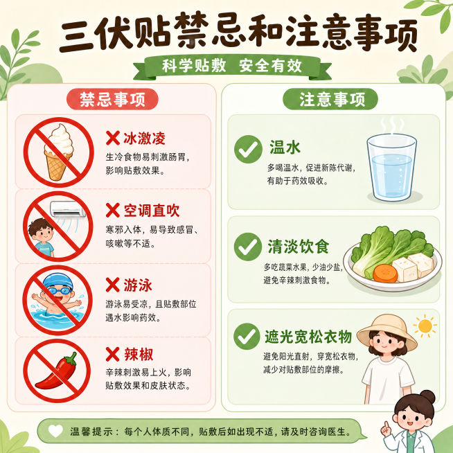 三伏贴禁忌和注意事项科普图，左侧四个禁止标志：❌冰激凌、❌空调直吹、❌游泳、❌辣椒，右侧三个正确标记：✅温水、✅清淡饮食、✅遮光宽松衣物，简约卡通风格预览效果
