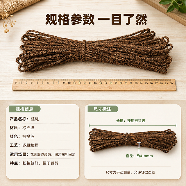 [商品] 使用【图1】整捆平铺棕绳作为商品标准照参考，【图5】单束形态作为长度与走向参考；保留多股绞织结构、棕褐色本色、绳股纹理、绳头收束与整捆形态，作为规格展示主体；不得改变绳体颜色、粗细与结构，不添加包装与品牌标识。
[画面] 页面目标：规格与参数。构图为上下分栏：上半幅为米白木质台面上棕绳标准照（整捆平视摆放，旁边放一把木质直尺作为横向参照），产品占该幅约70%；下半幅为参数信息卡区域，左右两张横向参数卡：左卡为“规格信息”文字列表，右卡为棕绳平视全貌小图配尺寸标注线（横向标注长度方向、横向标注绳体直径位置）。
[视觉] 套系策略：风格=国内电商园艺生活商业摄影，暖棕质感；标题字=阿里巴巴普惠体 Heavy 加粗黑体；正文字=阿里巴巴普惠体 Regular；主色=暖棕；背景延展=基于暖棕做米白与浅棕深浅层级、同色渐变，叠加木质台面与麻布质感；强调色=浅苔绿，仅用于尺寸标注线与参数卡标签底色；标题色=深棕；正文色=中暖棕灰；组件=圆角米白参数卡、横向尺寸标注线、细线分隔；光影=均匀柔和正面光，绳体细节与尺寸线清晰。
[文字] 全部文字仅横向排版。顶部主标题“规格参数 一目了然”；左卡横向文字列表逐行写“产品名称：棕绳”“材质：棕纤维”“颜色：棕褐色”“工艺：多股绞织”“适用场景：花园缠绕装饰、园艺捆扎固定”“特点：韧性较好、便于裁剪”；右卡横向尺寸标注写“长度：按规格可选”“直径：约4-8mm”，并一行提示“尺寸为手动测量，允许轻微误差”；文字不遮挡商品与标注线。
[规格] 图片比例1:1正方形，4K；避免变形、错字、文字过小、竖排或旋转文字、冷蓝冷灰主色、虚构未提供的精确参数、任何logo角标水印平台标识、小标志图案。