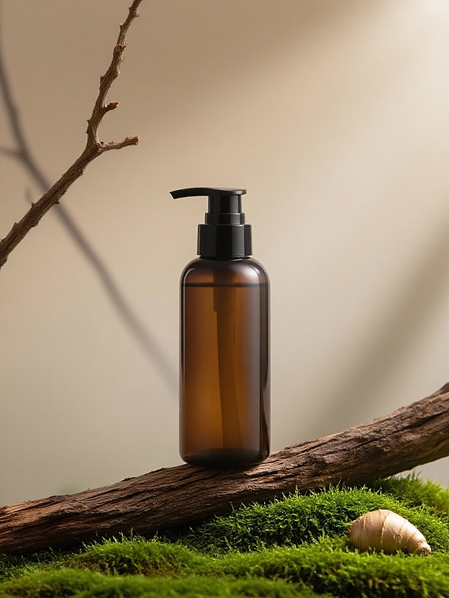 主体置于枯木上，枯木底部是绿色起伏错落的青苔，背景朦胧的浅棕色，底部一个生姜，光影效果，左侧伸出枯枝