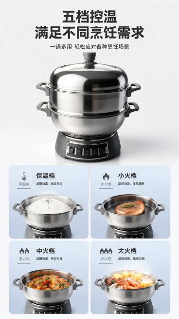 [第7屏] 多档位功能展示，展示不同烹饪模式适配多种场景。本屏使用【图3】。
[氛围/风格] 功能说明风，简约专业，干净清晰。
[元素布局] 产品放画面上半部分，下半部分分四格展示不同档位功能：保温、预览效果