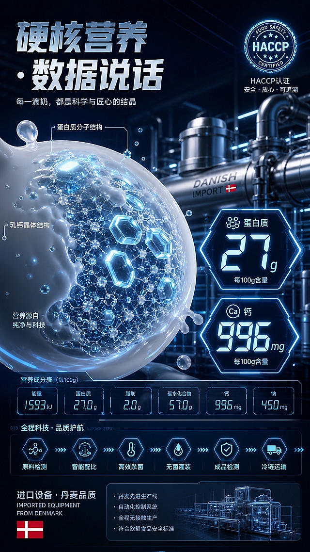 科技硬核成分分析风海报，微观世界视角，巨大的奶滴内部包含无数发光的晶体结构象征钙和蛋白质，背景是精密的丹麦进口设备生产线管道，冷色调金属质感，发光的六边形边框框住"27g蛋白质"和"996mg钙"的数据，HACCP认证徽章被点亮，所有数据采用未来感极强的数码字体，主标题"硬核营养·数据说话"左对齐，深海蓝为主色调，电光蓝和银灰为点缀色，工业科技感，高端专业，营养数据可视化，9:16竖版构图