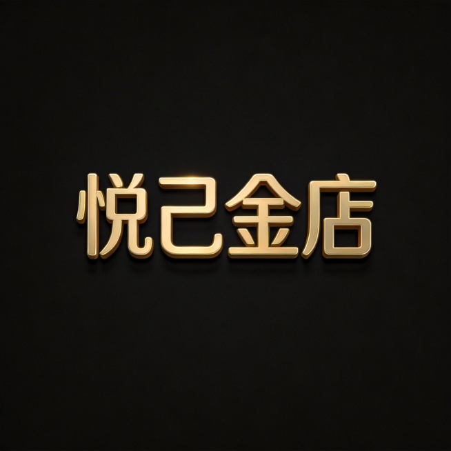 干净的纯黑色背景。3D艺术字体设计，四个字“悦己金店”，所有文字单行横向排列（现代无衬线风格，字形结构平衡，笔画粗细均匀，转折处做轻微圆角处理，保持极高可识别性）（黄金哑光质感，带有浅金色高光，无描边预览效果