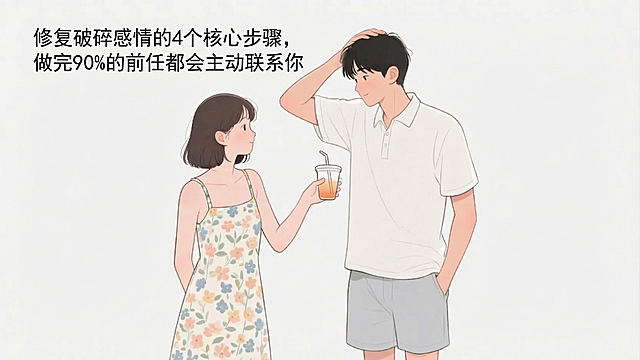 在图片上方空白位置添加文字“修复破碎感情的4个核心步骤，做完90%的前任都会主动联系你”，保持画面整体风格不变，保留原来的情侣插画内容