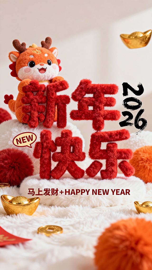 国潮风软3D毛绒质感，卡通萌龙坐拥“新年快乐”浮雕字，搭配金元宝与毛球，喜庆可爱，传递2026新春祝福。