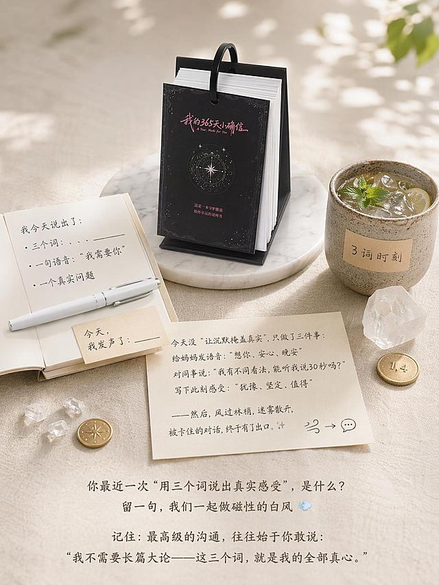 将原日历立于纯白大理石托盘中央，场景布置如下：左侧发声区摆放1本摊开的便签本，页面手写文字内容："我今天说出了：
· 三个词：、、______
· 一句语音：“我需要你”
· 一个真实问题"，一支纯白钢笔横放便签本上，便签纸压角手写："今天，我发声了：______"。右侧疗愈区：放1个粗陶杯，内装冰薄荷柠檬水，杯身贴标签文字："3词时刻"；1枚表面光滑通透如凝脂的白水晶原石置于杯旁，1枚刻有"1,4"的金币置于白水晶旁。前方触发点放置米色卡纸，手写小红书体文字："今天没‘让沉默掩盖真实’，只做了三件事：
给妈妈发语音：‘想你、安心、晚安’
对同事说：‘我有不同看法，能听我说30秒吗？’
写下此刻感受：‘犹豫、坚定、值得’
——然后, 风过林梢, 迷雾散开, 被卡住的对话, 终于有了出口。✨"，右下角手绘极简风纹符号与"🌬️→💬"传递箭头。背景细节：铺米色亚麻桌布，纹理温润；左下角散落2粒白水晶碎石 + 1枚金币；右上角投射出模拟林间雾光的柔焦光斑。图片底部添加霞鹜文楷GB字体的小红书互动引导语："你最近一次“用三个词说出真实感受”，是什么？
留一句，我们一起做磁性的白风 🌬️
记住：最高级的沟通，往往始于你敢说：“我不需要长篇大论——这三个词，就是我的全部真心。”"整体画面干净清新，氛围感自然温暖，符合小红书图文种草风格。