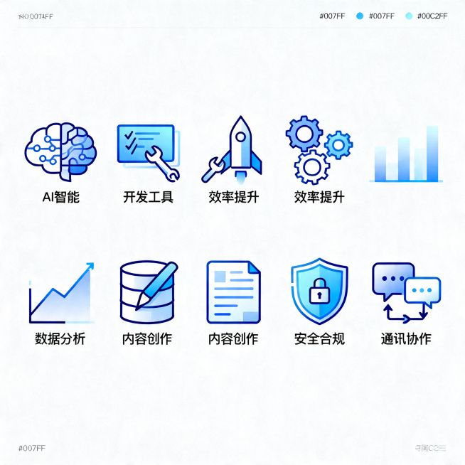 为AI中台Skill广场设计七个分类图标，分别对应AI智能、开发工具、效率提升、数据分析、内容创作、安全合规、通讯协作七个分类，每个图标都采用简约现代扁平化设计，蓝色科技风格，设计符合AI中台智能科技预览效果