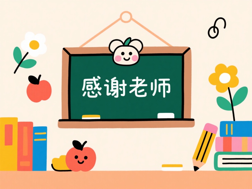 扁平插画风格，教师节主题，主视觉是一个可爱的卡通风格黑板，黑板上写着“感谢老师”，黑板周围环绕着简笔画风格的书籍、苹果、铅笔和花朵，背景是干净的浅色调，布局简约而现代，充满活力，节日氛围轻松愉快，超高预览效果