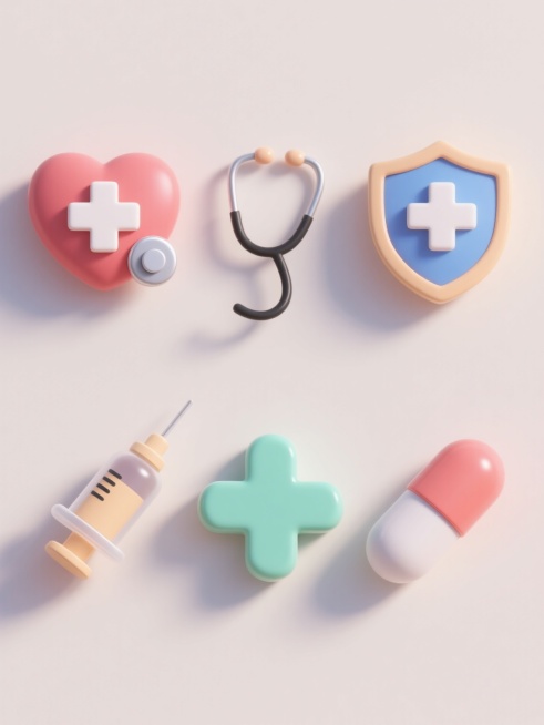 6个不同配色、不同样式的医疗元素，采用3D立体设计风格，每个元素都有柔和的曲面、清晰的边缘高光和细腻的阴影，呈现出光滑的塑料或陶瓷质感，放置于浅色背景上，上下两行各3个元素整齐对齐排列，元素可包含带有十字标志的心形、听诊器、药瓶、注射器、盾牌与十字组合、医疗胶囊等，色彩搭配明亮且专业，保持整体视觉风格的统一性与和谐感。预览效果