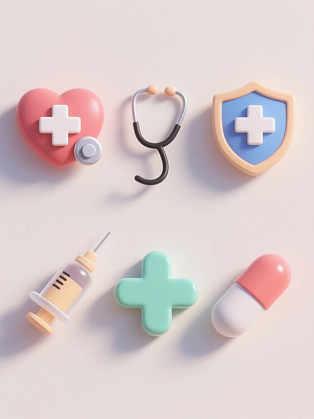 6个不同配色、不同样式的医疗元素，采用3D立体设计风格，每个元素都有柔和的曲面、清晰的边缘高光和细腻的阴影，呈现出光滑的塑料或陶瓷质感，放置于浅色背景上，上下两行各3个元素整齐对齐排列，元素可包含带有十字标志的心形、听诊器、药瓶、注射器、盾牌与十字组合、医疗胶囊等，色彩搭配明亮且专业，保持整体视觉风格的统一性与和谐感。