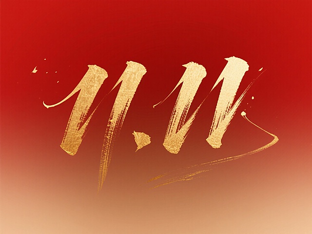 鎏金书法笔触勾勒“11.11”，红金渐变背景尽显国潮风韵，大字风与中式美学融合，传递喜庆奢华的节日氛围。
