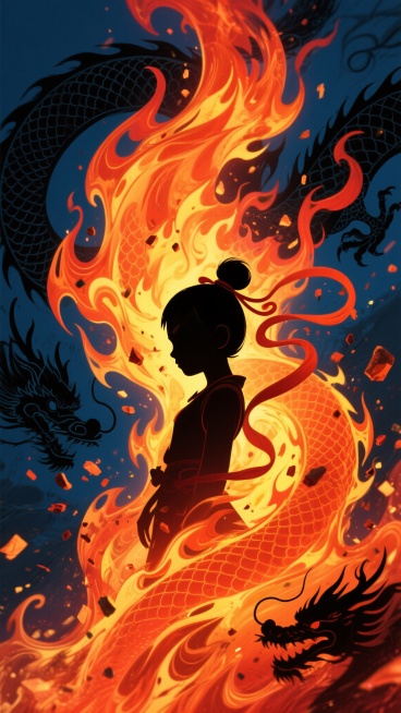 以深邃暗蓝与墨黑为背景，中央爆发出炽热的橙红色与明黄色火焰漩涡，呈现出极具动感的流体形态，火焰中夹杂着飞溅的火星与燃烧的碎屑，整体营造出强烈的视觉冲击力与史诗般的震撼氛围。画面中融入哪吒的剪影元素，其标志性的发髻与混天绫轮廓在火焰的映衬下若隐若现，同时以龙纹剪影作为装饰，龙的鳞片与蜷曲形态与火焰的流动感相呼应，共同构成一幅充满力量与神话色彩的抽象火焰主题插画。预览效果