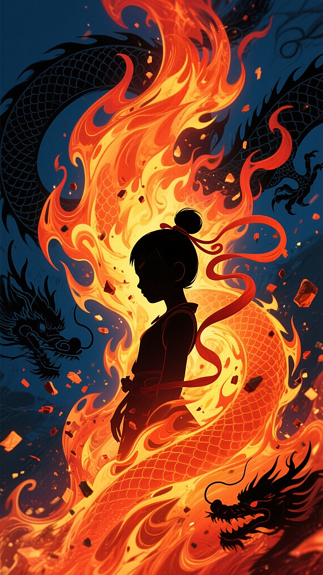 以深邃暗蓝与墨黑为背景，中央爆发出炽热的橙红色与明黄色火焰漩涡，呈现出极具动感的流体形态，火焰中夹杂着飞溅的火星与燃烧的碎屑，整体营造出强烈的视觉冲击力与史诗般的震撼氛围。画面中融入哪吒的剪影元素，其标志性的发髻与混天绫轮廓在火焰的映衬下若隐若现，同时以龙纹剪影作为装饰，龙的鳞片与蜷曲形态与火焰的流动感相呼应，共同构成一幅充满力量与神话色彩的抽象火焰主题插画。