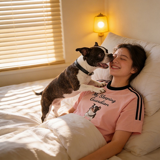 场景： 清晨，阳光透过百叶窗在床单上印出条纹，暖黄小夜灯还未关。构图： 女生穿着粉色纯棉T恤（图1），胸前印着狗狗的笑脸。还躺在床上，用蓬松的羽绒枕半掩着脸，只露出带笑的眼睛。狗狗（图2）已经兴奋地站在枕边，两只前爪搭在主人胸口，努力凑近，用湿漉漉的鼻子轻碰主人的额头或下巴，试图叫早，表情欢快。「图片1」「图片1」