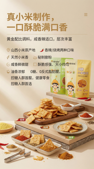 基于之前生成的塔塔瓦小米锅巴电商详情页，创作一张9:16尺寸，带有错层层次感的小米锅巴详情图，采用错层堆叠设计，将包装、锅巴、原料分层错落摆放，打造立体错层视觉效果，保持原有浅米色暖黄调高级简约风格，预览效果