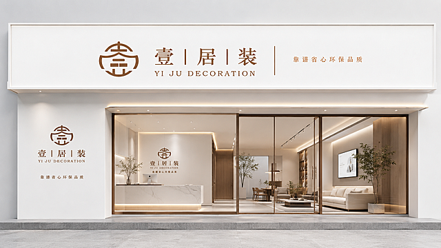 以提供的两个壹居装品牌logo作为主视觉，设计室内装修VI包装的门店门头展示，极简主义风格，兼具时尚和潮流感，呈现专业的视觉VI设计，高级感的品牌，白色背景