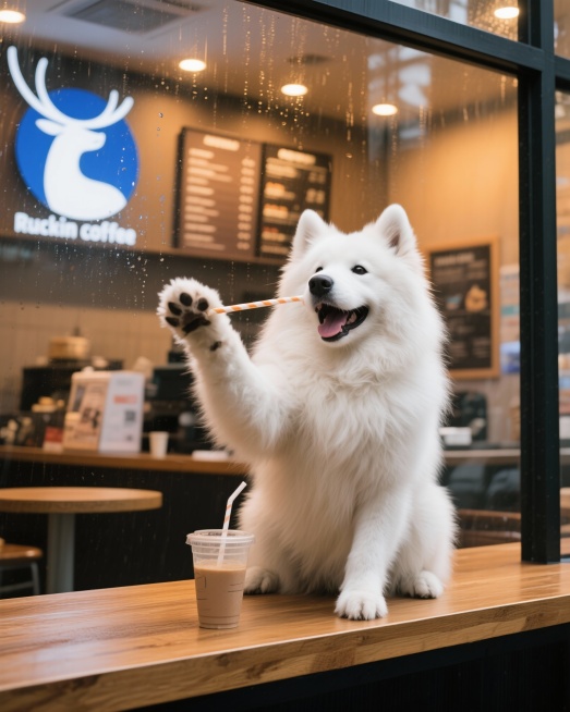 一只表情愉悦的萨摩，坐在瑞幸咖啡店内的木质柜台上，一只爪子托着下巴，面前放着一杯带有吸管的瑞幸咖啡冰拿铁，背景可见瑞幸咖啡的标志和菜单板，暖色调灯光，玻璃窗上有雨滴，写实摄影，高细节，4K分辨率，--预览效果