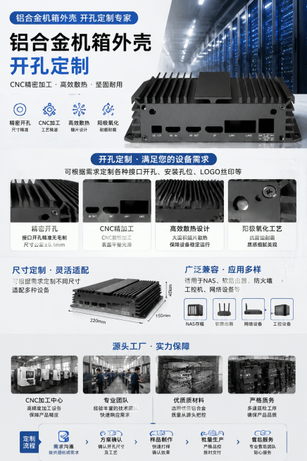 详情页，突出铝合金机箱外壳开孔定制卖点，展示产品细节工艺，工厂实力风，工业场景应用于机房网络设备，尺寸适配NAS软路由器预览效果