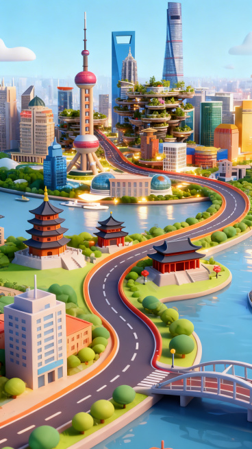 3D卡通风格马拉松赛道场景图，包含上海天安千树城市地标，蜿蜒马拉松赛道从图片下方起点延伸，无人物，清新明快色彩预览效果