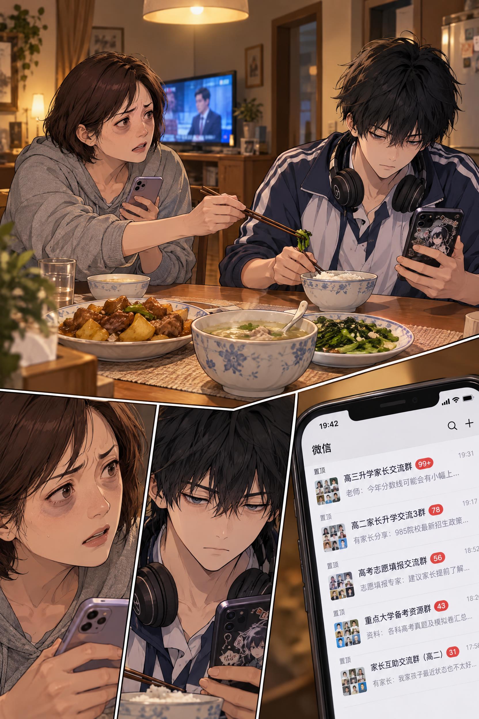 都市漫画风格，晚饭时间，普通家庭餐厅，餐桌上摆着三菜一汤，电视… - 图片创意预览