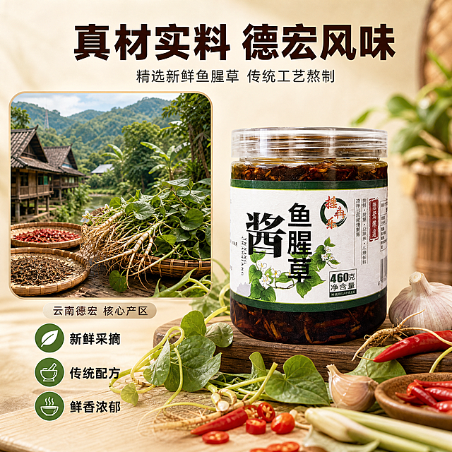 [主图-2] 鱼腥草酱产地溯源与核心卖点图，云南德宏风味。
[氛围风格] 自然产地风，云南热带雨林边缘村寨氛围，清新自然中透着食欲感。
[画质] 商业摄影质感，画面通透，产品与原料清晰真实，细节丰富。
[元素] 一瓶鱼腥草酱（捶冉乐品牌）居中偏右，瓶身完整展示；左侧是云南德宏产地场景小窗画中画：热带雨林边缘、新鲜采摘的鱼腥草植株带根带叶、竹匾晾晒的香料、傣族竹楼一角；产品周围散落新鲜鱼腥草、小米辣、大蒜、香茅等原料，体现真材实料。**保持鱼腥草酱产品外观（瓶身形状、标签设计、颜色、酱料质感）与输入产品图完全一致，杜绝变形和色差**。商品主体占比约55%，画中画占左侧约40%区域。
[光影] 自然散射光为主，右侧有暖调侧光勾勒瓶身轮廓；产地场景采用柔和自然光，整体明亮通透，阴影柔和。
[配色] 主色浅木米黄（背景）；辅色翠绿（鱼腥草与植物）、酱红褐（酱料）；强调色朱红（辣椒）、深棕（文字）。
[视角构图] 平视略偏俯视，产品在右，产地场景在左形成左右构图；画中画带圆角边框，下方标注"云南德宏 核心产区"小字。
[文字版式] 上方居中主标题"真材实料 德宏风味"，粗黑体，深棕色，字号大；标题下方一行小字"精选新鲜鱼腥草 传统工艺熬制"，灰色细黑体。左侧画中画下方有三个卖点图标加文字竖排：图标1配"新鲜采摘"、图标2配"传统配方"、图标3配"鲜香浓郁"，图标为绿色圆形配白色简笔画，文字黑色黑体。
[输出要求] 1:1比例，文字清晰锐利可辨，超高清商业摄影质感。
[负向提示词] 变形，文字错乱，产品图模糊，背景杂乱，水印，电商平台Logo，标签变形，多余的手，畸形手指。