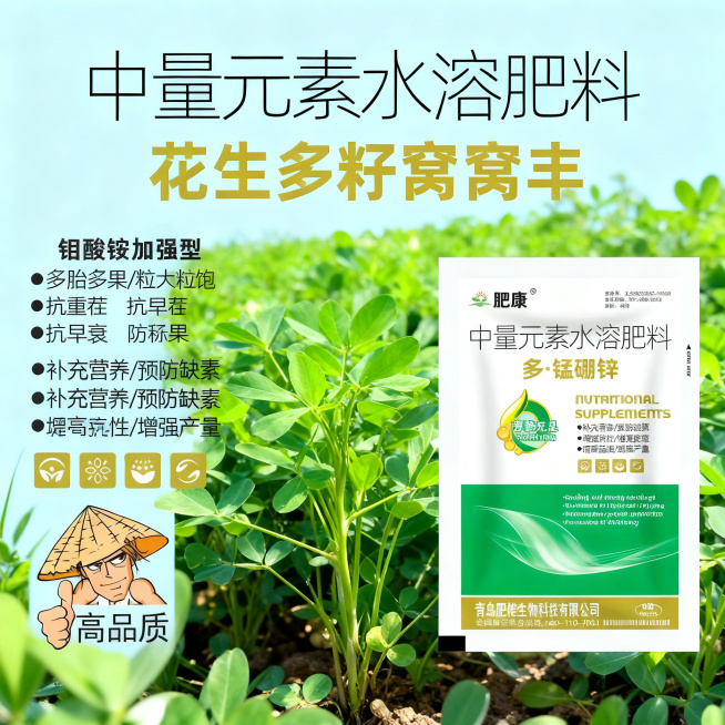 拼多多农资主图1:1正方形，突出抗重茬防早衰功效，展示使用后花生植株健壮叶片浓绿对比效果，产品包装放在显眼位置，农业写实风格预览效果